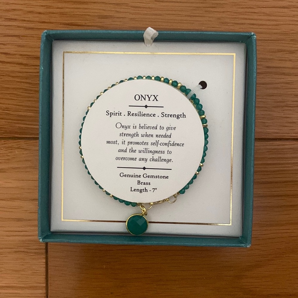 Onyx Spirit Resilience Strength bracelet brass chain link with green gemstone